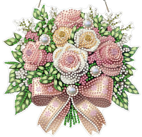 MXJSUA Diamond Rosenstrauß Blumen Painting Anhänger mit Kette Erwachsene, Diamant Painting Fensterbilder Hängende Ornament Bastelset Set für Wand Und Eingang Decor Geschenk 20x20cm