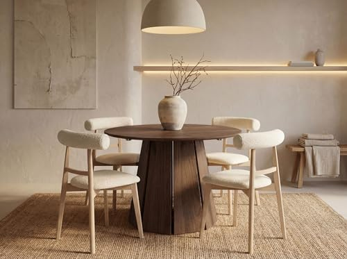 WFL GROUP Runder Esstisch Ausziehbar 100-140 cm mit 40 cm Einlegeplatte für 4-6 Personen – Skandi Japandi Design Minimalistisch Platzsparend für Küche & Esszimmer in Wallnuss Dunkelbraun