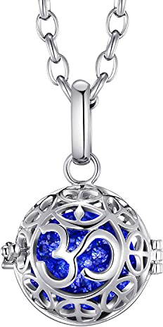 Morella Damen Schutzengel Halskette Edelstahl 70 cm mit Anhänger Om Mantra und Klangkugel Zirkonia blau Ø 16 mm in Schmuckbeutel