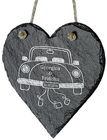 polar-effekt Schieferherz zur Hochzeit Personalisiert mit Gravur - romantische Hochzeitsgeschenke für Brautpaare - Schiefertafel 18 x 18 cm - Motiv Oldtimer zur Hochzeit
