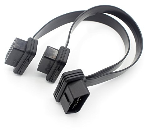 LoongGate OBD-II Splitter Y Kabel Ultra Low Profile - 1 Stecker auf 2 Buchse OBD2 Auto Diagnose Extender Kabel Adapter - Full 16 Pin Pass-Through 90 abgewinkelt flache Nudel Kabel - 0,3 Meter