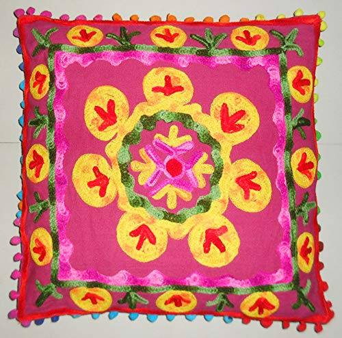 Traditional Jaipur Suzani Kissen, indische Kissenbezug Pom Pom 16 x 16, bestickte dekorative Dekokissen Fall, Baumwolle Outdoor-Kissen, Boho Pillow Shams