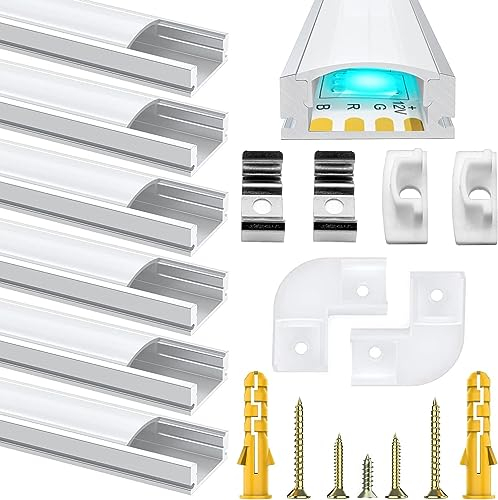 Chesbung - 6x1mètre Aluminium Profilé U-forme pour Bandes à LED, Compact Finition Professionnelle avec Blanc Laiteux Couvercle,Clips de Montage en Métal,Embouts Jaunes