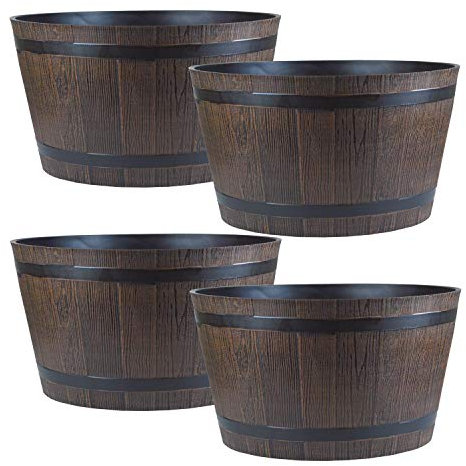 simpa Homestead Brown Half Barrel Cask Planter - Large, Set of 4 Pots - 22cm (H) x 40cm (Dia) - Suitable for Indoor or Outdoor Use.