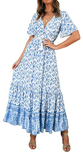 R.Vivimos Femmes D'été Cou en V Bouton à Manches Courtes Robe Bohème Fleur Longue Robe A Ligne Volants Longue Plage Robe(M,White)