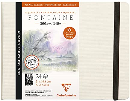 Clairefontaine 975441C - Skizzenbuch mit Fadenbindung Fontaine mit 24 Blatt weißes Zeichenpapier, glänzend, 21x14,8 cm 300g + 8 Postkarten mit Vordruck