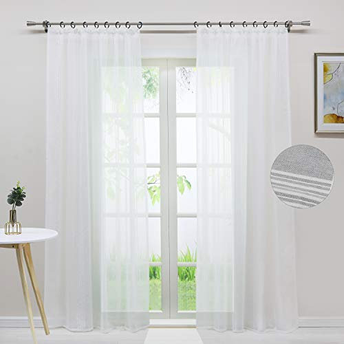 Delien Gardinen in Leinen-Optik Stores Gardine mit Streifen Muster Vorhänge Schlafzimmer transparent Vorhang Fensterschals mit Kräuselband, weiß (2er-Set, je 225x140cm)