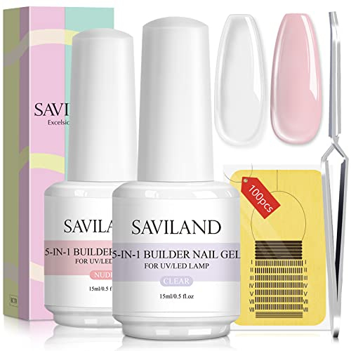 Saviland 2pcs 15ml 5 in 1 Builder Base Strengthening Gel - Clear & Nudes Nail Gel Set With U V/LED Builder Nail Gel In A Bottle 100pcs Nail Form Nail Clips For Nails Repair, Nail Art, Acrylic Nail Set