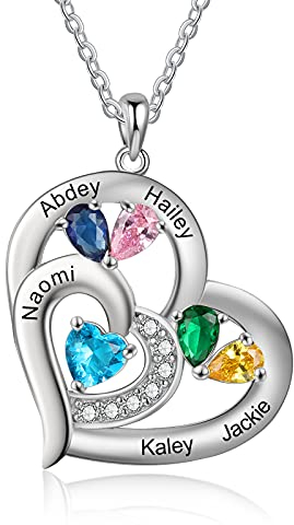 Personalisierte Namenskette Halskette für Damen Herz Anhänger Halskette mit 1-6 Geburtsstein Gravur Mutter Tochter Kette Geschenk für Muttertag Valentinstag Weihnachten