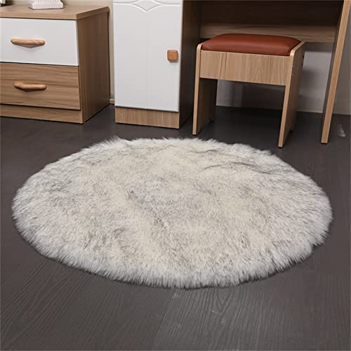 TROYSINC Plüsch Teppich Rund Fellimitat Fellteppich, Faux Lammfell Schaffell Lange Haare Fell Optik Gemütliches Bettvorleger Sofa Matte (Weiß+Grau,Durchmesser 70 cm)