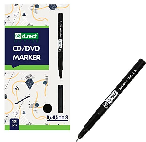 D.RECT - CD/DVD Marker Stift | Set 12 Stück | 0,4-0,5 mm | Permanentstift | Ideal für Glas, Kunststoff und Folie| Sehr Universell | Schwarz