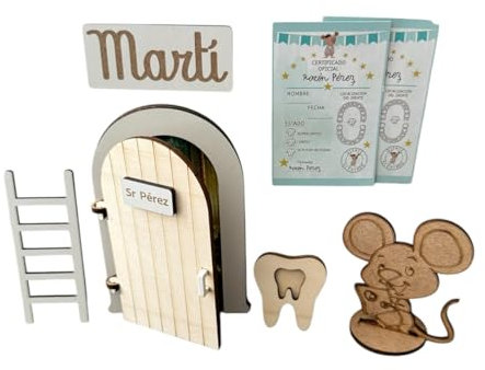 Puerta Ratoncito Pérez Personalizable Con Nombre,SE ABRE, varios COLORES!Con 4 certificados+Escalera+Felpudo personalizado+Caja para diente y opción si quieres a ratón. Puerta mágica.Casita Ratoncito