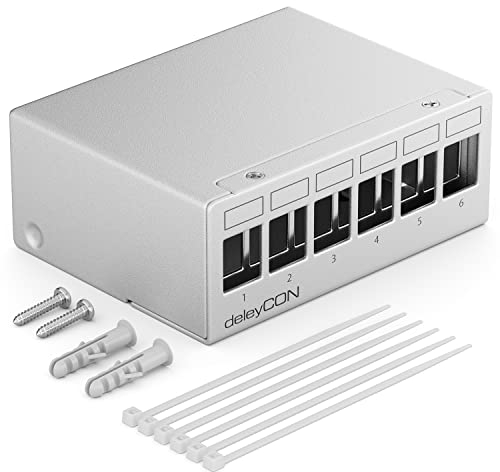 deleyCON Boîtier de Brassage 6 Ports 1U pour Module Keystone 14,9 mm x 17 mm avec p.ex. Prise RJ45 Prise Coaxiale BNC Prise F Prise d'Antenne RJ-11 Cinch Jack USB Toslink PS2 HDMI - Gris