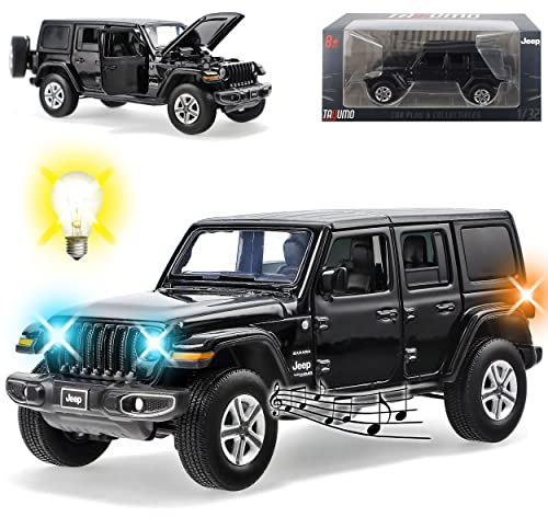 Model Car Jeep Wrangler JT Sahara Unlimited Schwarz 5 Türer Ab 2019 mit Licht und Sound 1/32 Tayumo Modell Auto mit individiuellem Wunschkennzeichen