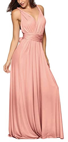 shownicer Femme Robe Longue Multiway A-Line Maxi Robe Col en V sans Manches Robe Elégante Soirée sans Dos Cocktail Robes Demoiselle d'honneur Bal Gala Sexy Chic Bandage Robe au Sol 30 Rose M