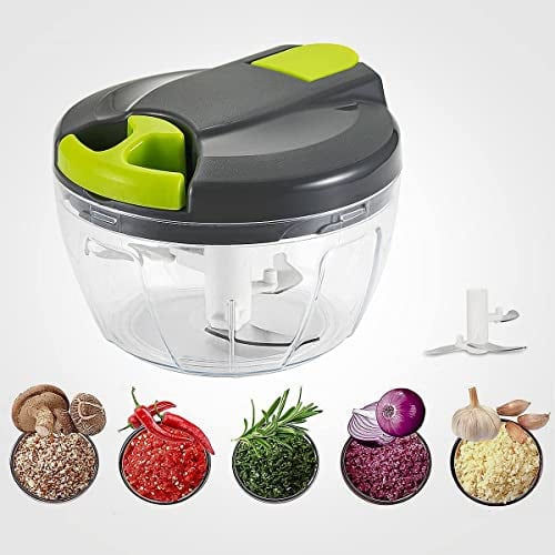 Hachoir manuel multi-hachoir manuel avec 3 lames en acier inoxydable Cordon de tirage de 520 ml pour couper les légumes, les fruits, les oignons, l'ail, les noix, les tomates (gris)