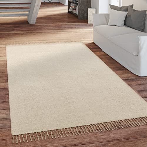 Paco Home Tappeto Salotto Trama Piatta Con Frange Tessuto A Mano Monocolore, Dimensione:80x150 cm, Colore:Beige