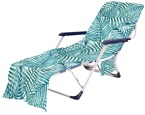 Highdi Schonbezug Liegestuhlauflage, Blätter Drucken Schonbezug für Gartenliege, Strandliegenauflage mit Taschen, Mikrofaser Handtücher für Strandliegen Liegestuhl (75x210cm,Palmenblätter)