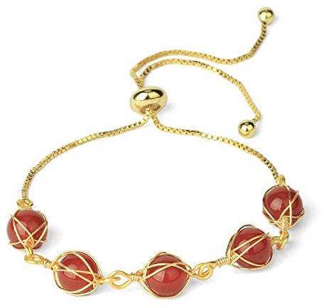 Fossil Armband Damen,Chakra-Armband Aus Naturstein, Roter Achat, Mit Goldener, Verstellbarer Kette, 7-Chakra-Perlen-Armband, Verstellbares Armband Zur Angstlinderung, Balance, Yoga, Für Männer Und