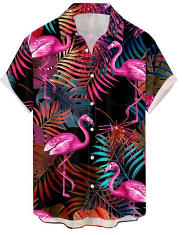Chemise boutonnée à manches courtes pour homme - Col de chemise imprimé abstrait, flamant rose, Taille 3XL