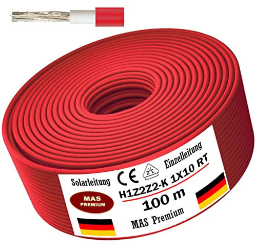 Câble solaire H1Z2Z2-K 4, 6, ou 10 mm², de 5 à 200 m, noir, rouge ou bleu, à enterrer, photovoltaïque, sans halogène, double isolation (H1Z2Z2-K 10, rouge, 100 m)