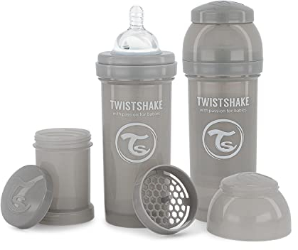 Twistshake 2x Anti-Kolik Babyflasche mit Milchpulverbehälter und Mixer - 260 ml | Silikon-Brustwarze mit mittlerem Durchfluss | BPA-freie Babymilchflasche | Geeignet für Babys ab 2 Monaten | Grau