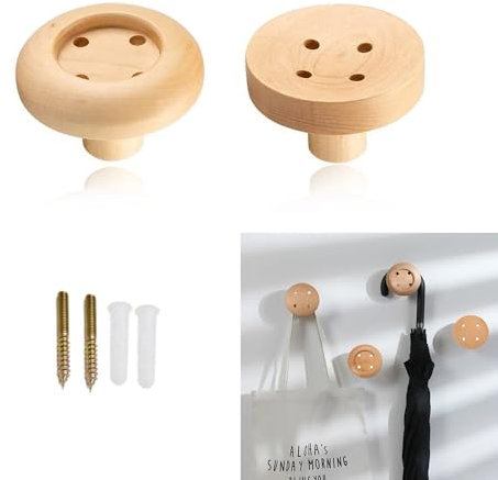 Sprießen 2 piezas Ganchos de pared de madera redondos,ganchos de madera de botones,Gancho de botón de madera maciza,para colgar ropa, sombrero, bufandas, decoración, moderno, interior