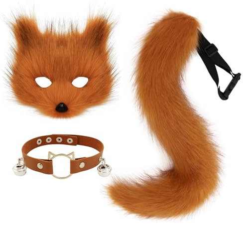 hbbhml Kunstpelz Fuchs Maske Wolf Katze flauschiger Schwanz und Leder Halskette Set Halloween Party Kostüm Accessoire