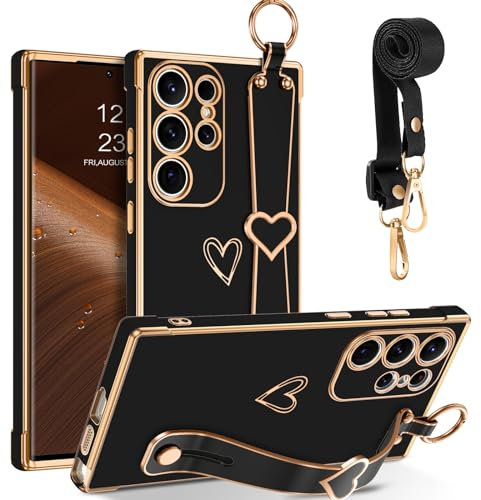 GUAGUA Coque pour Samsung Galaxy S24 Ultra 5G, avec Cordon et avec Barcelet comme Un Support,Coque AntiChocs en TPU Souple,Housse Lanière pour Samsung S24 Ultra 5G 6,8 Pouces, Noir