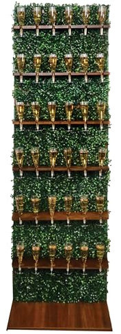 Premium Innovations Champagne Wall Party Display Holder for Weddings & Events, 6 Tier Mimosa Bar, Holds 36 Cups, Measures 71.5 x 24 Natural Wood Wall & Base with Artifical Grass Backdrop
