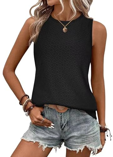 Sommer Top Damen Locker Aushöhlen Ärmellos T Shirt Elegant Tanktop Ohne Arm Rundhals Bluse Oberteile Tunika Tops, Schwarz, L