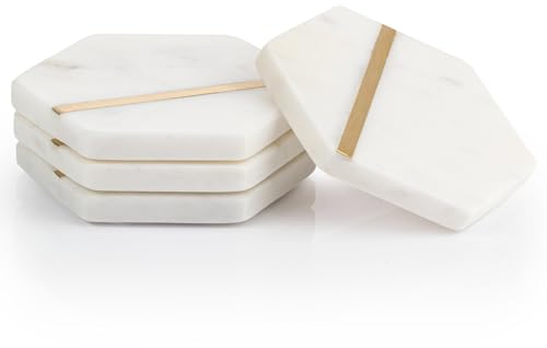 EHC Marble Hexagon Coasters Set of 4, Non-Slip for Drinks, Coffee Pads Beer Bar Mat, White