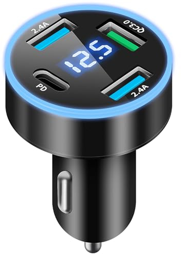 4 Puertos Cargador Movil Coche, 50W QC3.0 & PD Cargador Mechero Coche USB Carga Rapida Cargador USB Coche con Voltímetro LED para iPhone, Android, Samsung