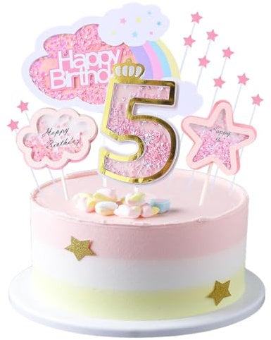 Kawailay 5 Geburtstag Tortendeko Mädchen 5th Geburtstag Kuchendeko Happy Birthday Regenbogen Cake Topper Wolken Sterne Kuchen Deckel für Mädchen Geburtstag - Rosa
