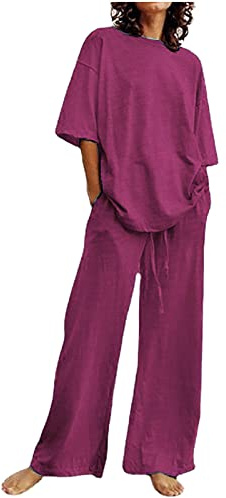 Set di Due Pezzi di Lino Casual Completo Casa Larghi Taglie Forti Curvy Tuta Elegante Camicia + Pantaloni Lino Completa Larghi Tuta Estiva Confortevole Due Pezzi Regalo per la Festa della Mamma