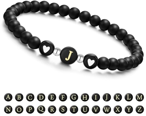Armband Damen mit Buchstaben und Herz - Partnerarmbänder Freundschaftsarmband mit 6mm Naturstein Perlen Personalisierte Geschenke Armband Paare Mädchen bff Schwesterherz Mutter und Tochter (Schwarz-J)
