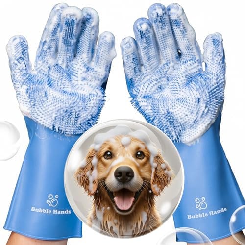 Bubble Hands Dog Washing Gloves with Bristle Scrubbers, Reusable Silicone Gloves Ideal for Pet Bathing, Massaging & Grooming (Blue)