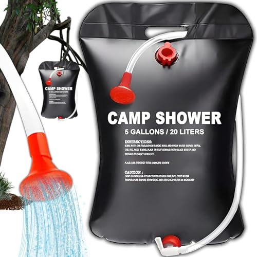 5 Gallons/ 20l Solar Camping Showers with Hot Water Portable Camping Shower Bag With Removable Hose Shower Nylon Ropes for Outdoor Hiking Climbing Traveling (Black)