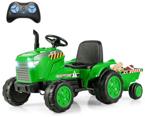 COSTWAY 12V Traktor mit Abnehmbarem Anhänger, Kindertraktor Elektrisch mit 2,4G Fernbedienung & Lichtern & Hupe & USB & MP3, Elektro Traktor für Kinder ab 3 Jahren (Grün)