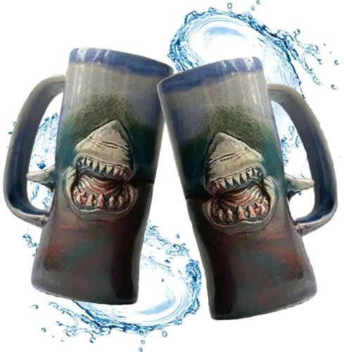 LzYogL Shark Jaws Handmade Ceramic Mug for Tea and Beer, 3D Shark Ceramic Coffee Mug, Creative Unique Shark Office Mug, Novelty Coffee Mugs, Handmade Ceramic Shark Mugs, Personalized Tea Cup (TWO)