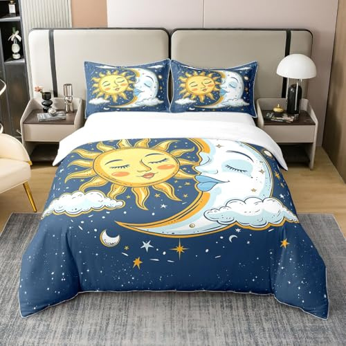 Homewish Soleil Lune Housse de Couette Chambre À Coucher Décoration Cloud Couvre Lit Bohème Exotique Couvre Lit 140x200 Bohème Étoilé Parure de Lit avec 1 Taie d'oreiller