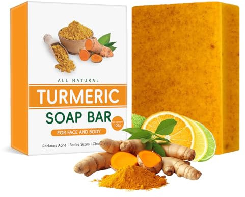 Shefave Lemon Turmeric Kojic Acid Soap, Kurkuma Seife für Gesicht & Körper Peeling Turmeric Scrub Soap, Kurkuma Seifenstück, Akne bekämpfen, für Dunkle Flecken, Hyperpigmentierung, 100 g