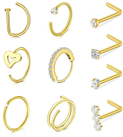 NIUSIMAN Nasenpiercing,Gold Nose Stud Nose Ring Set mit Zirkonia Herz 10 Stück Nasen Piercing Schmuck 20G(0.8mm) L Shaped Screw Piercing Schmuck für Männer und Frauen