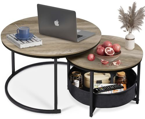 WLIVE Runder Couchtisch 2er Set, Moderne Wohnzimmertisch Rund, Beistelltisch mit Korb aus Stoff, 80 cm Durchmesser Couch Tisch für Schlafzimmer, Heimbüro (Graue Eiche)