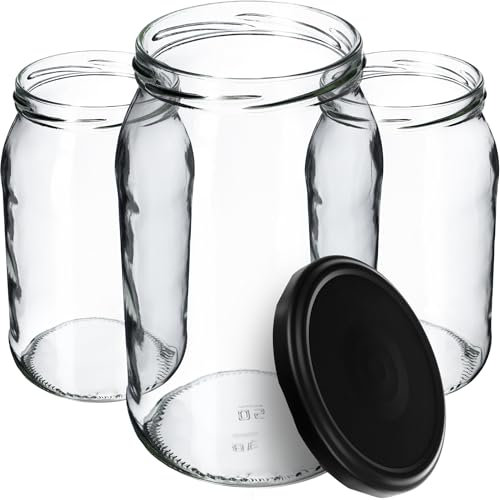 KADAX Bocaux en verre de 900 ml, Pots de Conservation avec Couvercles Hermétiques pour Conserver les Confitures et Cornichons (Noir Mat, Lot de 24)