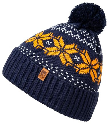 HEYO Mütze Damen Herren Norweger Mütze Bommelmütze Unisex Wintermütze Dick Gefüttert Warm (Navy-Gelb)