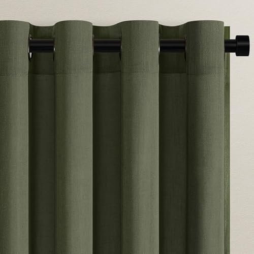 Topfinel Vorhänge Grün für Kinderzimmer Gardinen mit Ösen Kurz Vorhang Leinen Halbtransparent Ösenvorhang 2er Set 140x145 cm (B x H) Gardine Schlaufenschal Deko für Modern Wohnzimmer Schlafzimmer