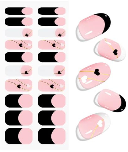 JMEOWIO Gel Nail Stickers Black White Heart French Tip Semi Cured Gel Nail Strips Wraps UV/LED Nails Art Design Decoration Accessories