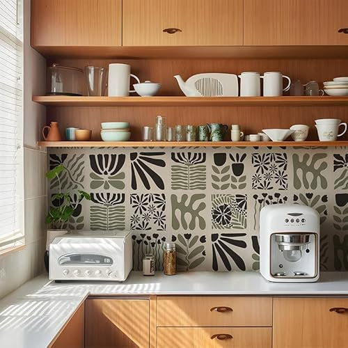 Alwayspon Fliesenaufkleber, 20 Stück x 15 cm, Salbeigrün mit Blumenmuster, selbstklebend, zum Aufkleben auf Fliesen, Transferaufkleber für Badezimmer, Küche, Spritzschutz, abziehen und aufkleben