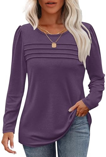 WNEEDU Sweatshirt Damen Langarmshirt Plissiert Rundhals Damen Pullover Top | Cloud Soft Sweatshirt Damen Biesen Falten Brust Elegante Schulter Details Vielseitiges Elegantes Oberteil Für Alltag